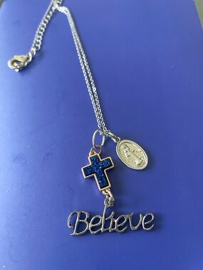 Believe Pendant Necklace with Blue Cross and Medal 20 inches